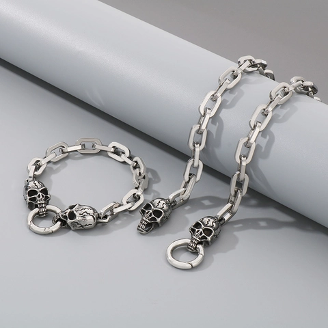 Stainless Steel Necklace And Bracelet Men Punk Hip Hop Gothic Square Link Chain Lion Snake Dragon Skull Head Jewelry