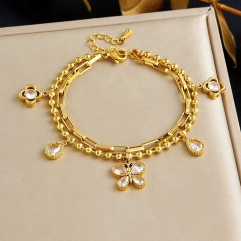 Fashion Double Layer Stainless Steel Gold Plated Bracelet With Butterfly Zircon Water Drop Pendants Jewelry For Women
