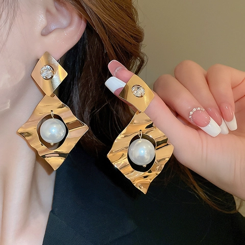 Geometric Drop Earrings With Imitation Artificial Pearl And Zircon Copper Body Silver Earring Post Oversized Irregular Style For Women