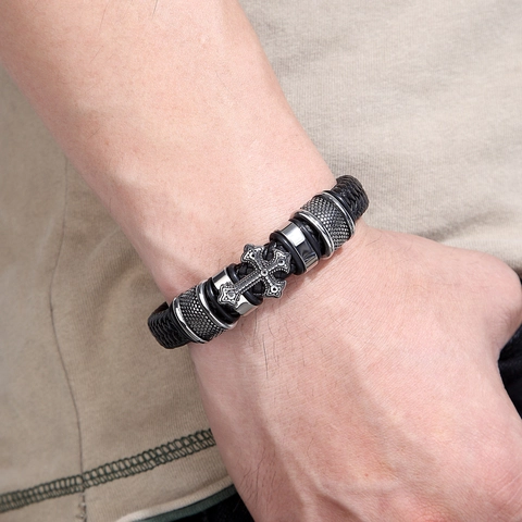 Bracciale In Pelle Intrecciata Da Uomo Con Ciondolo A Croce In Lega Vintage Punk Bracciale Fatto A Mano Per Uomo Chiusura Magnetica
