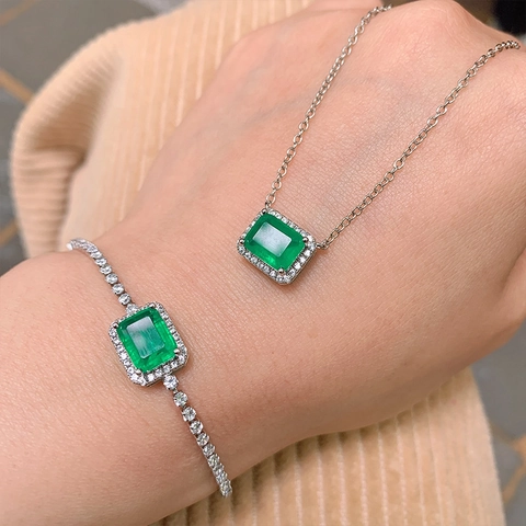 Elegante Collar Y Pulsera De Circón Azul Paraiba Y Verde De Corte Esmeralda Para Mujer Diseño Halo Rectangular Simple
