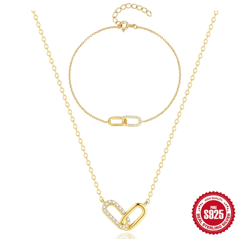 925 Sterling Silber Halskette Und Armband Ineinandergreifende Doppelringe Zirkonia Elegante Schmuckstücke Für Damen