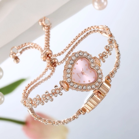 Elegant Heart Shaped Dial Quartz Watch Rhinestone Flower Bracelet Adjustable Slider Clasp Alloy Jewelry Watch For Women