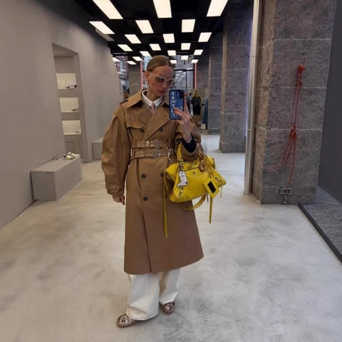 Women Classic Khaki Long Trench Coat Double Breasted Double Belts Lapel Lantern Sleeves Commuter Chic Polyester Overcoat