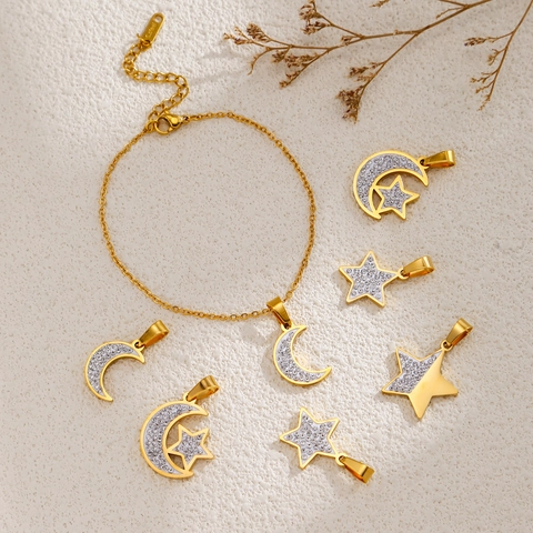 Bijoux Étoile Lune Acier Inoxydable 316L Plaqué Or 18K Zircone Cubique Pavé Collier Bracelet Boucles Oreilles Pendentifs Élégant Accessoires Femmes