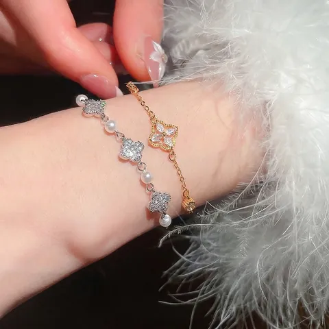 Bracciale Quadrifoglio Fiore Rame Zircone Perla Artificial Elegante Francese Retrò Gioielli Regolabili Per Donna