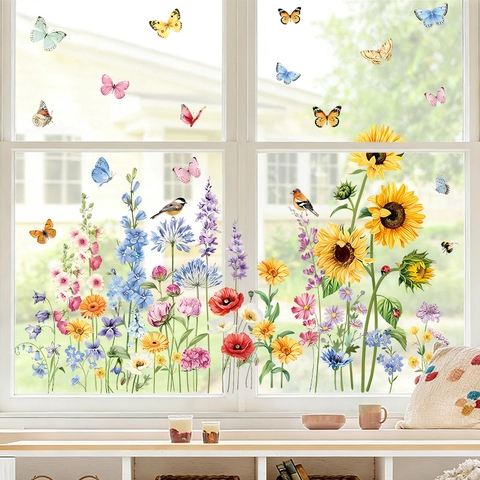 Spring Flower Butterfly Window Stickers PVC Self Adhesive Sunflower Bird Wall Decals For Kitchen Cabinet Home Window Decor