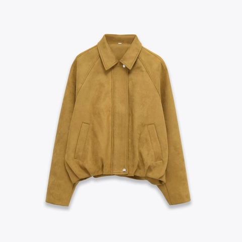 Giacca Bomber In Ecopelle Scamosciata Da Donna Giallo Senape Collo Bavero Cerniera Comoda Corta Giubbotto Con Tasche