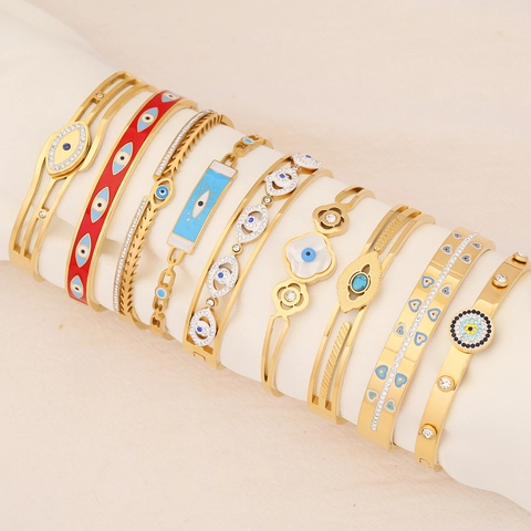 Evil Eye Armband Armreif Edelstahl Vergoldet Emaille Zirkonia Personalisiert Ins Stil Talisman Für Frauen