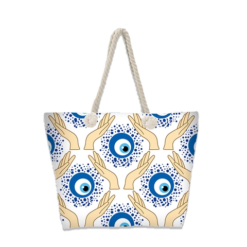 Evil Eye Große Tote Bag Leinwand Polyester Seilgriffe Strand Reise Bohemian Nazar Ethno Stil Für Frauen