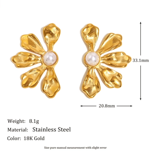 Orecchini A Petalo Di Fiore Per Donna Acciaio Inossidabile Placcato Oro Con Perla Artificial Elegante Gioielli