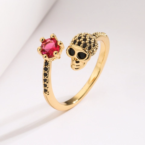 Anello Aperto Teschio Gotico Rame Placcato Oro Zirconia Cubica Regolabile Punk Hip Hop Gioielli Da Donna