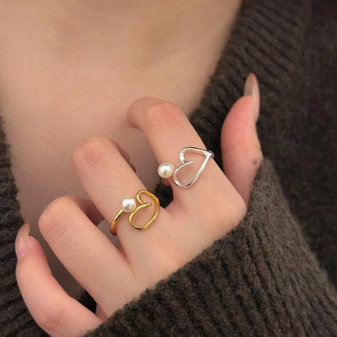 Minimalist Heart Open Ring 925 Sterling Silver Artificial Pearl Adjustable Korean Style Fashion Jewelry For Women