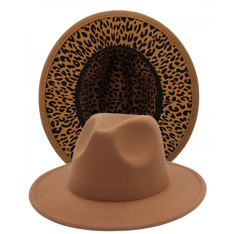 Fedora Hat Wide Brim Wool Felt Jazz Cap Elegant Vintage Style Fashion Headwear With Leopard Print Lining Women Men