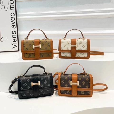 Women Retro Monogram Shoulder Crossbody Bag PU Leather Top Handle Fashion Small Square Flap Bag Gold Hardware Print