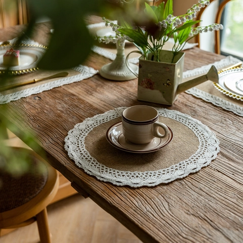 Jute Lace Place Mat Vintage Farmhouse Heat Resistant Braided Burlap Table Mat For Dining Room Kitchen Decor Round Rectangular