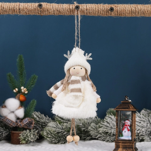 Angelo Di Natale Bambola Decorazione Appendere Legno Maglia Peluche Cappello Corna Sciarpa Righe Gonna Rose Albero