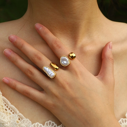 Irregular Artificial Baroque Pearl Stainless Steel Ring For Women 18K Gold Plated Open Adjustable Geometric Minimalist Finger Jewelry