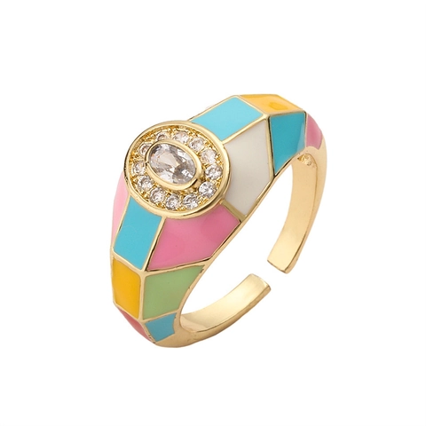 Fashion Enamel Open Ring Copper 18K Gold Plated Adjustable Oval Zircon Micro Pave Retro Checkerboard Geometric Jewelry