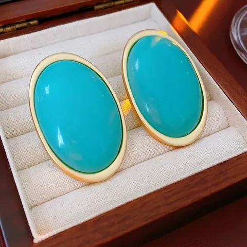 Vintage Oval Stud Earrings For Women With Resin Alloy And 925 Sterling Silver Earring Post Retro Fashion Luxury Jewelry