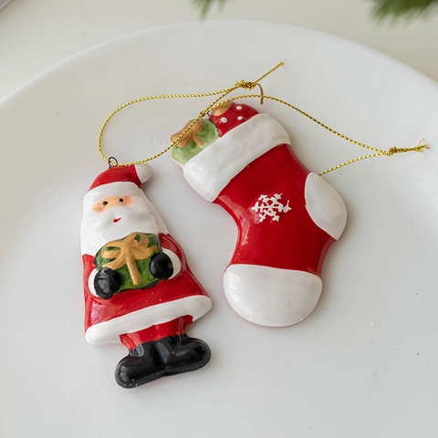 Ornements De Noël En Céramique Pendentifs Père Noël Flocon De Neige Chaussette Couronne Sucre D'Orge Décor