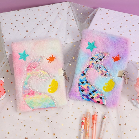 Mermaid Tail Plush Notebook For Girls Secret Diary With Lock And Key Tie-dye Sequin Embroidery Journal Stationery Gift