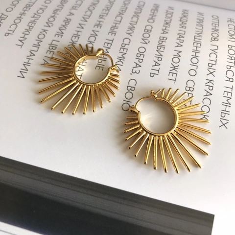 Orecchini A Cerchio A Raggiera Rame Placcato Oro 18K Punte Geometriche Minimaliste Per Donna
