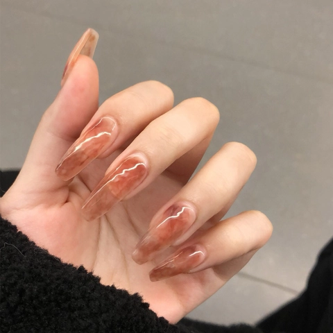 Press On Nails Amber Ice Translucent Long Coffin Ballerina Shape Artificial False Nails Smoked Marble Pattern For Women