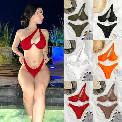One Shoulder Ribbed Underwire Bikini Swimsuit Sexy Cut Out Two Part Bathing Suit Solid Color Beachwear For Women