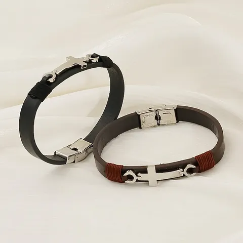 Bracciale Croce In Pelle Ciondolo Croce In Acciaio Inossidabile Corda Intrecciata Stile Hip Hop Punk Uomo Gioielli