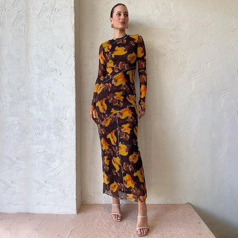 Abito Lungo In Mesh Con Stampa Floreale Maniche Lunghe Trasparente Sexy Vestibilità Aderente Cuciture A Contrasto Girocollo Spacco Donna