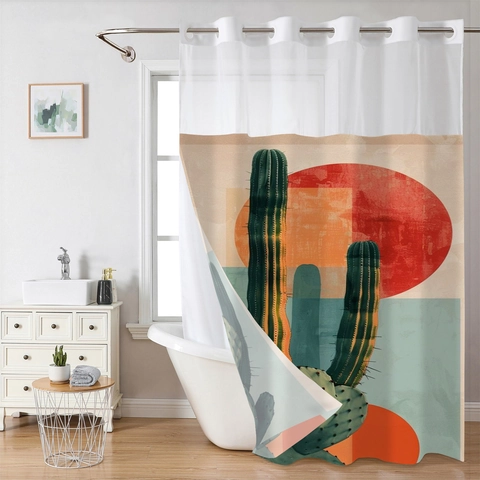 Cactus Floral Shower Curtain Waterproof Polyester Waffle Weave Snap In Liner Weighted Magnet Hookless Design Bathroom Decor