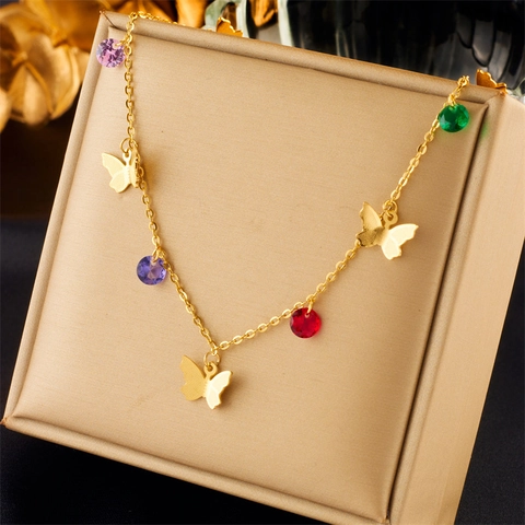 Collana Con Pendente A Farfalla Acciaio Inossidabile Pietre Preziose Colorate Gioielli Di Moda Per Donna Elegante