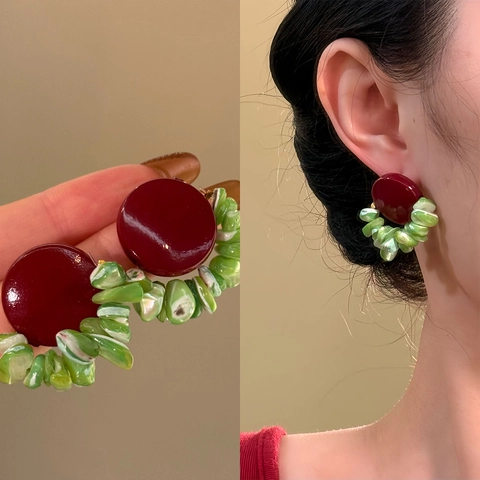 Pendientes Geométricos Con Acrílico Rojo Concha Verde Y Poste De Plata De Ley 925 Joyería De Moda Retro Para Mujeres