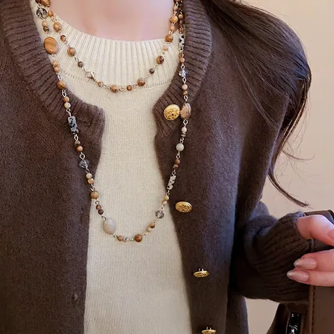 Collana Lunga A Doppio Strato Con Perle Di Vetro In Rame E Pietra Paesaggio Catena Per Maglioni Retro Boho Per Donna