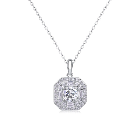 Collana con Ciondolo in Moissanite in Argento Sterling 925 per Donna Ottagono Halo Scintillante Taglio Tondo Gioiello Lusso