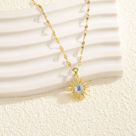 Sunburst Pendant Necklace Gold Plated Stainless Steel Synthetic Moonstone Zircon Dainty Lip Chain Jewelry For Women