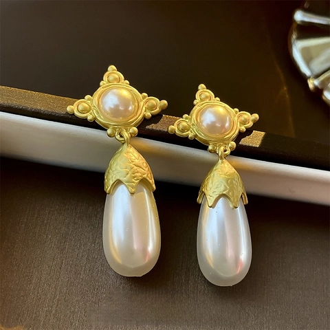 Vintage French Teardrop Earrings With Faux Artificial Pearl Copper And 925 Sterling Silver Earring Post For Women