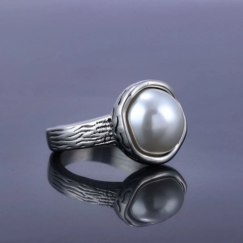 Anillo Di Künstliche Perle In Acciaio Inossidabile 316L Retrò Texture Corteccia Naturale Gioielli Punk Gothic Per Uomini Donne