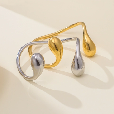 Minimalist Stainless Steel Open Cuff Bracelet For Women 18K Gold Plated Asymmetric Waterdrop Teardrop Fashion Jewelry Gift