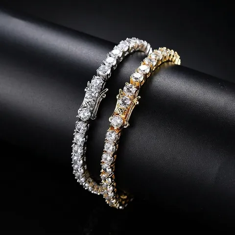 Bracelet Tennis En Cuivre Avec Zircon Coupe Ronde Simple Rangée Style Hip Hop Bijoux Élégants Double Fermoir De Sécurité