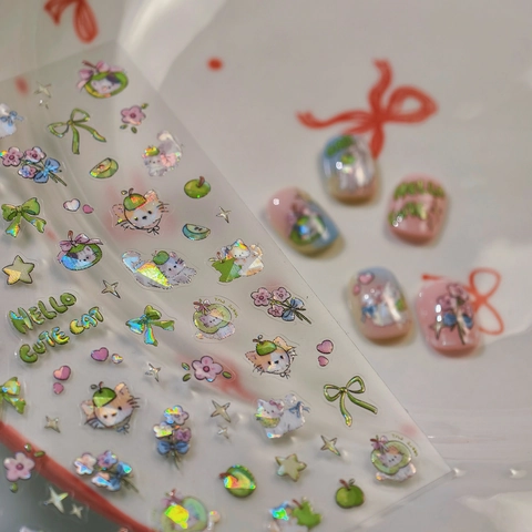 3D Cute Cartoon Cat Nail Art Stickers Holographic Laser Flower Bow Self Adhesive Ultra Thin Decals