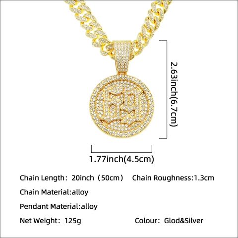Herren Hip Hop Legierung Strass Rund Nummer Anhänger Panzerkette Halskette Iced Out Gold Silber Schmuck