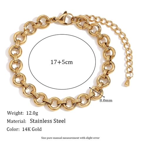Bracciale A Catena In Acciaio Inossidabile Da Donna Placcato Oro 14K Minimalista A Maglie Rotonde Spesse Regolabile