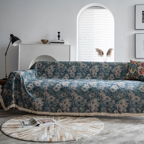 Funda de Sofá Jacquard Floral Vintage Con Borlas Poliéster Algodón Gruesa Resistente a Arañazos de Gato Protector de Muebles para Sala de Estar Manta de Sofá Moderna