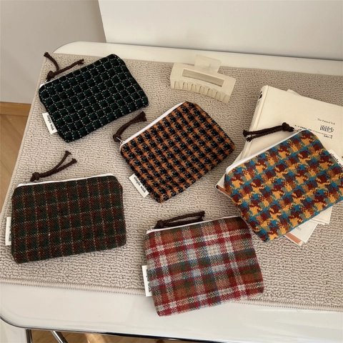 Vintage Plaid Tweed Coin Purse Mini Storage Bag Wool Fabric Zipper Pouch For Lipstick Earphone Organizer
