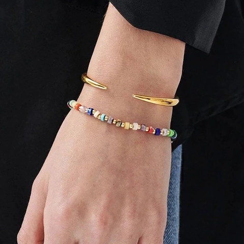 Colorful Imperial Jasper Beaded Bracelet With 18K Gold Plated Copper Beads Boho Ethnic Jewelry For Women Dopamine Style