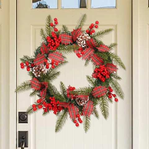Rustic Christmas Wreath Artificial Pine Needles Red Berries Pine Cones Plaid Fabric Bows Door Wall Hanging Decor