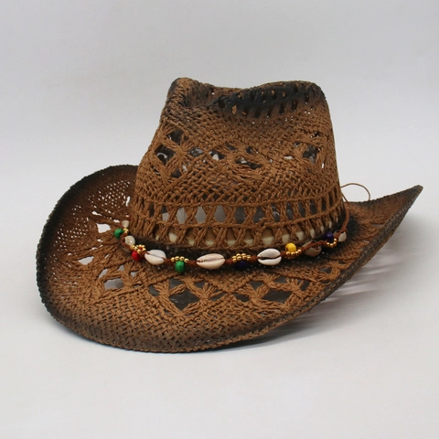 Hollow Out Straw Cowboy Hat With Shell And Colorful Beads Decor Breathable Sunshade Beach Vacation Hat Western Style