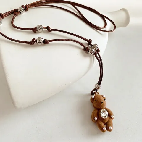 Collar Con Colgante De Osito De Peluche Marrón Cuero Flocado Cadena Larga De Suéter Con Cristal Perla Artificial Cuentas Aleación Vintage